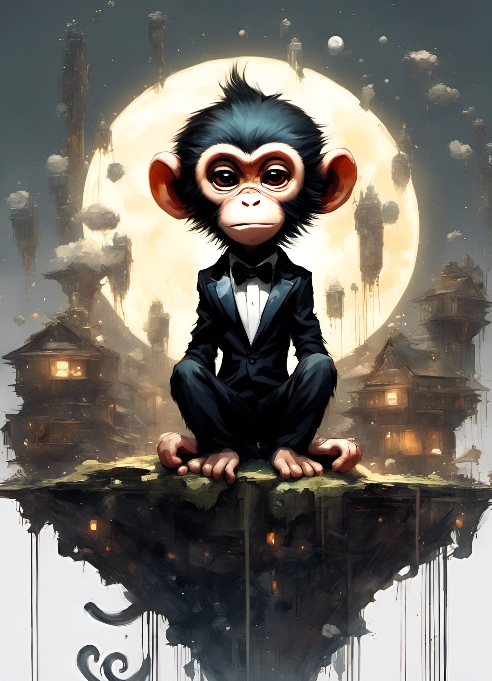 Chibi Monkey in Tuxedo on Moonlit Night