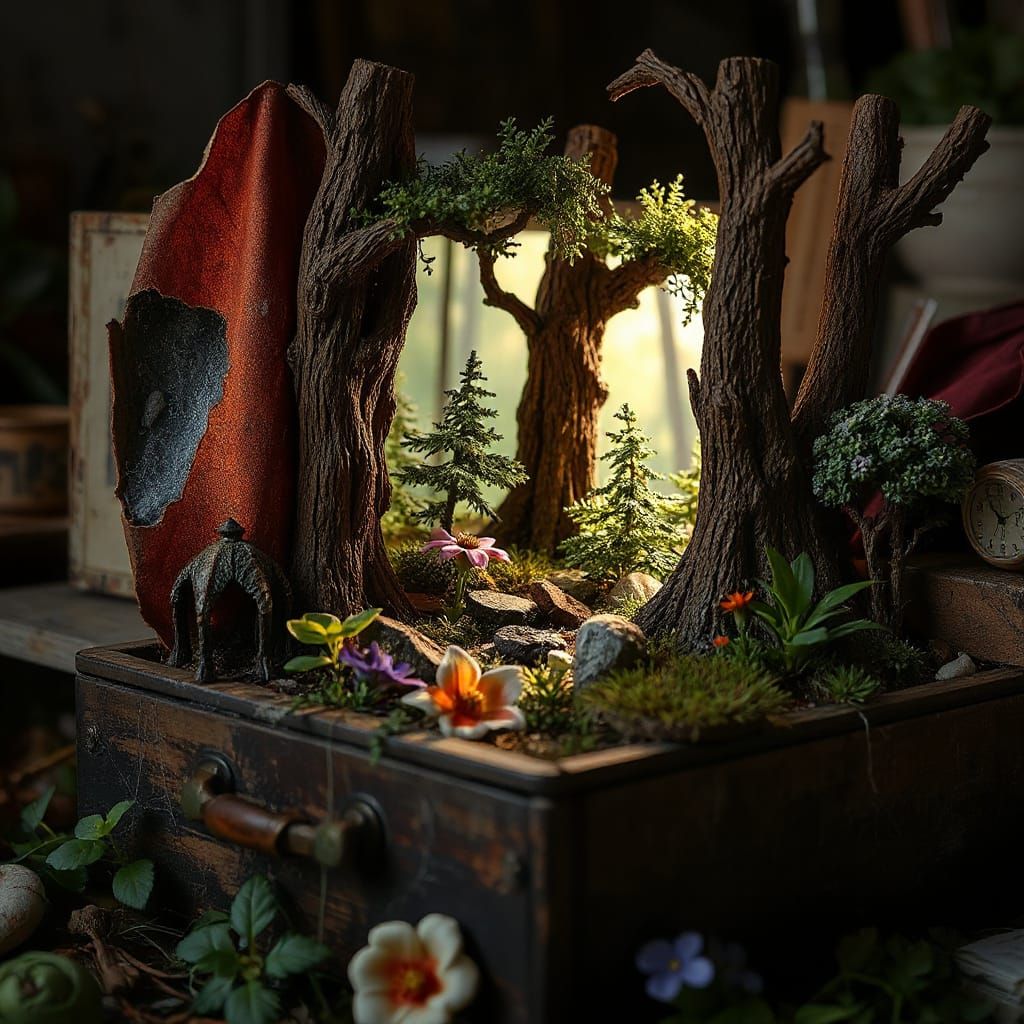 Miniature Forest in a Drawer, Hyperrealistic Style