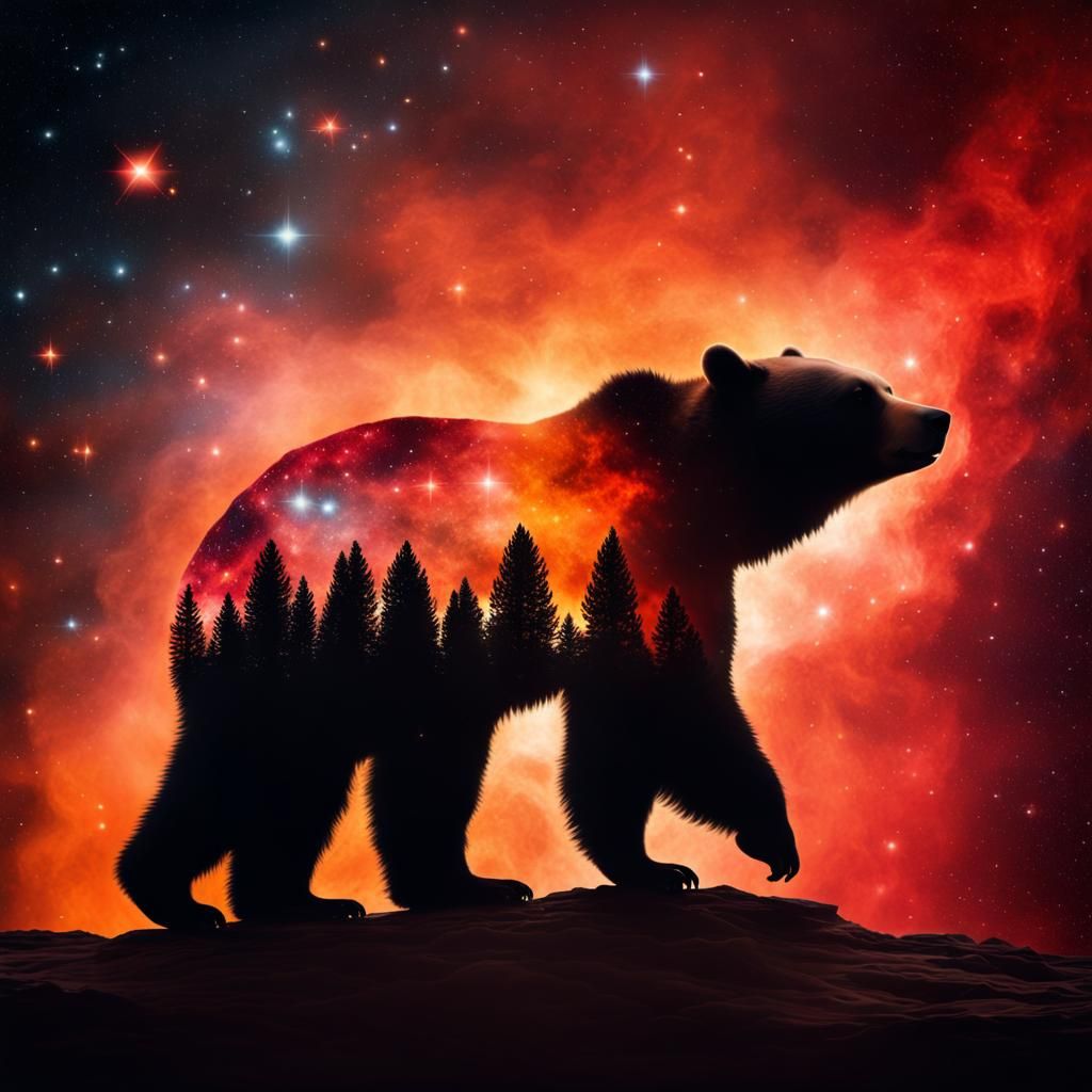 Bear Silhouette Nebula Space Double Exposure Photo