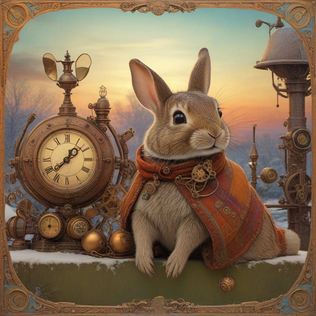 Steampunk Rabbit Celebrates Winter New Year in Colorful Suns...