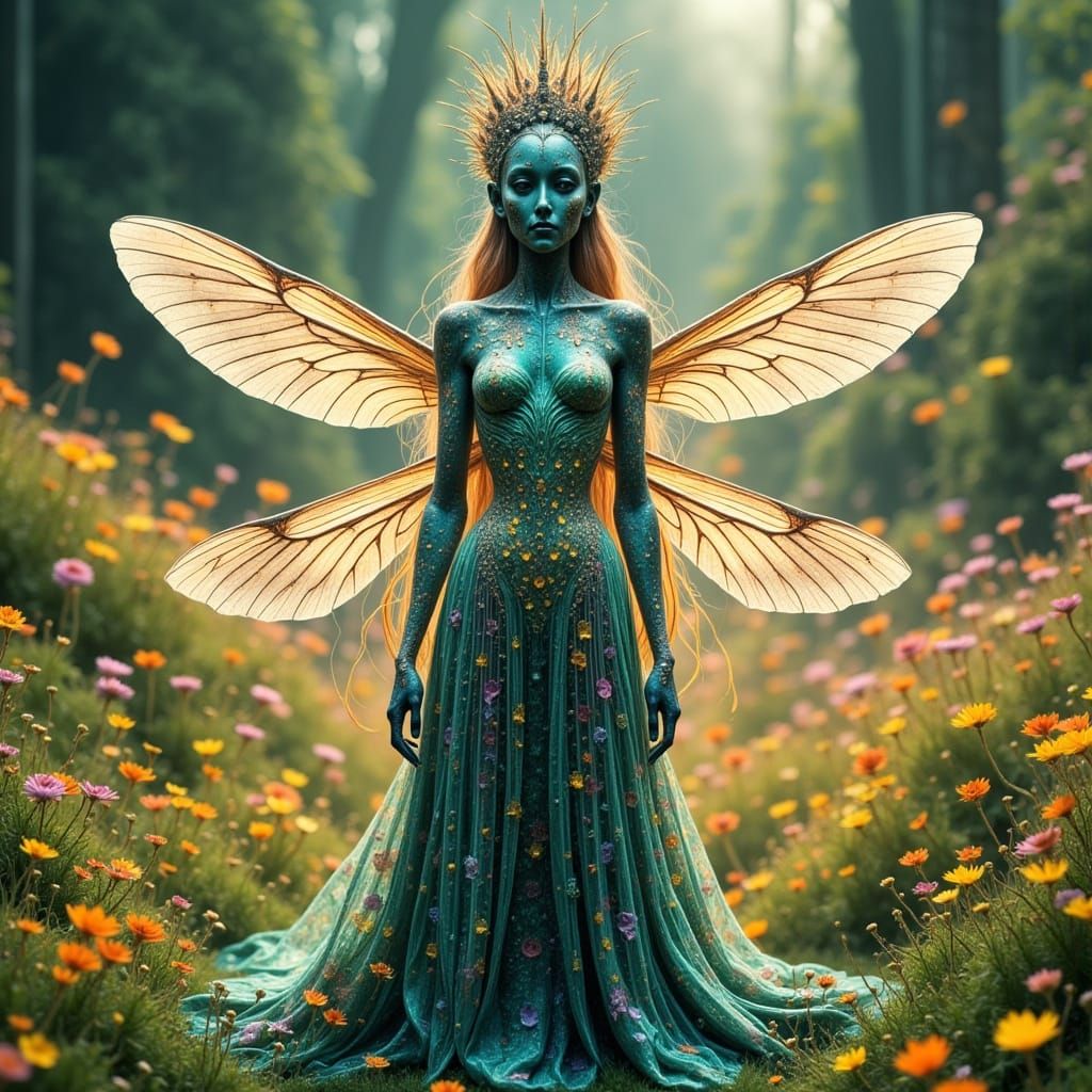 Regal Ant-Human Hybrid Queen in Vibrant Meadow