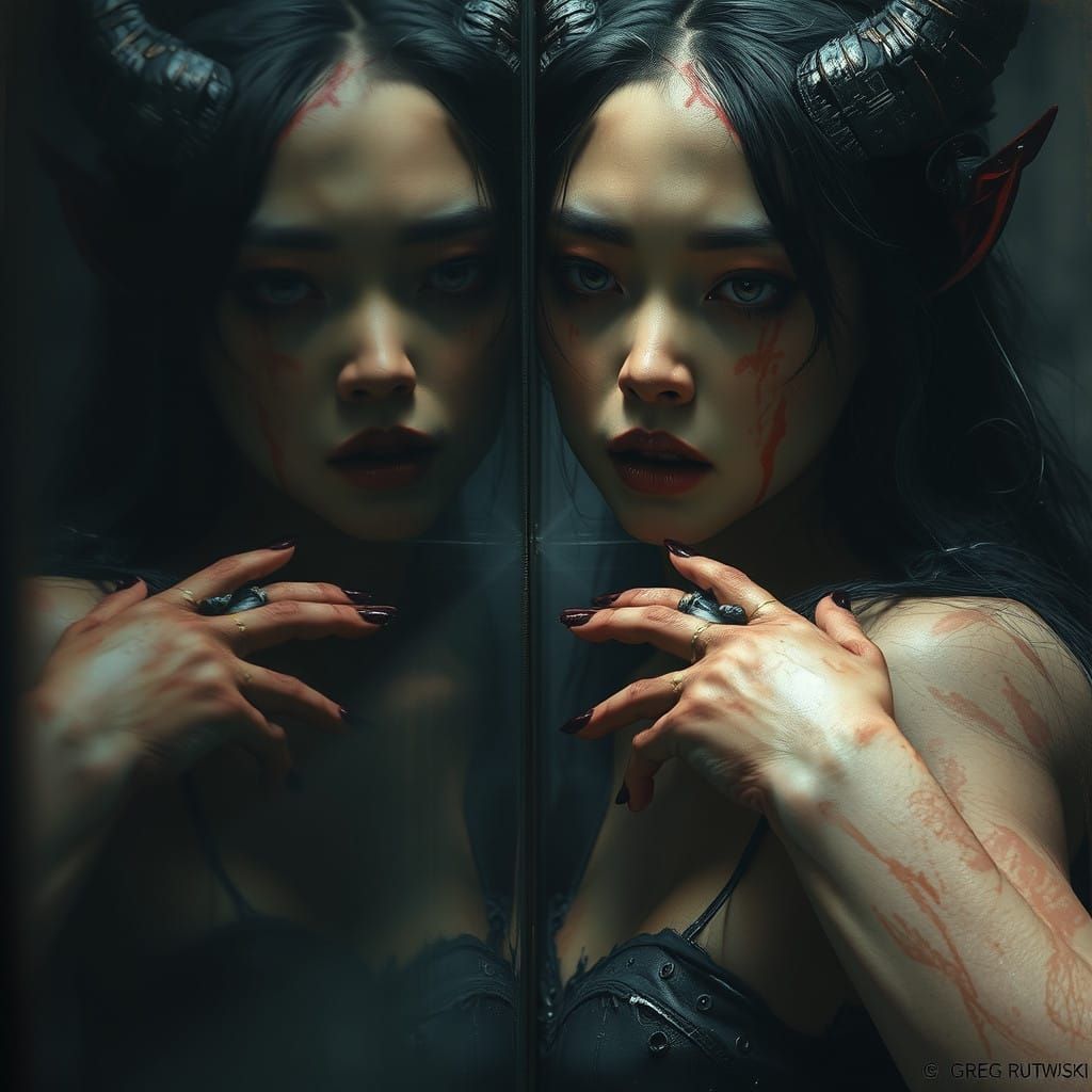 Elegant Asian Female Demon in Sinister Reflection