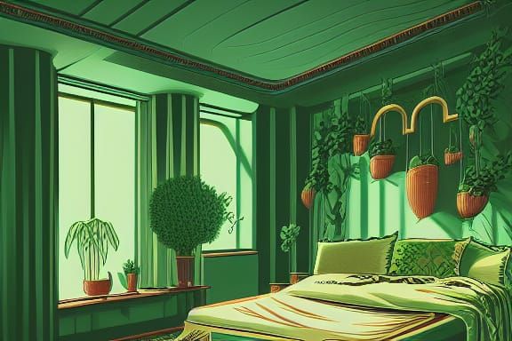 Lush Green Bedroom Oasis with Indoor Garden