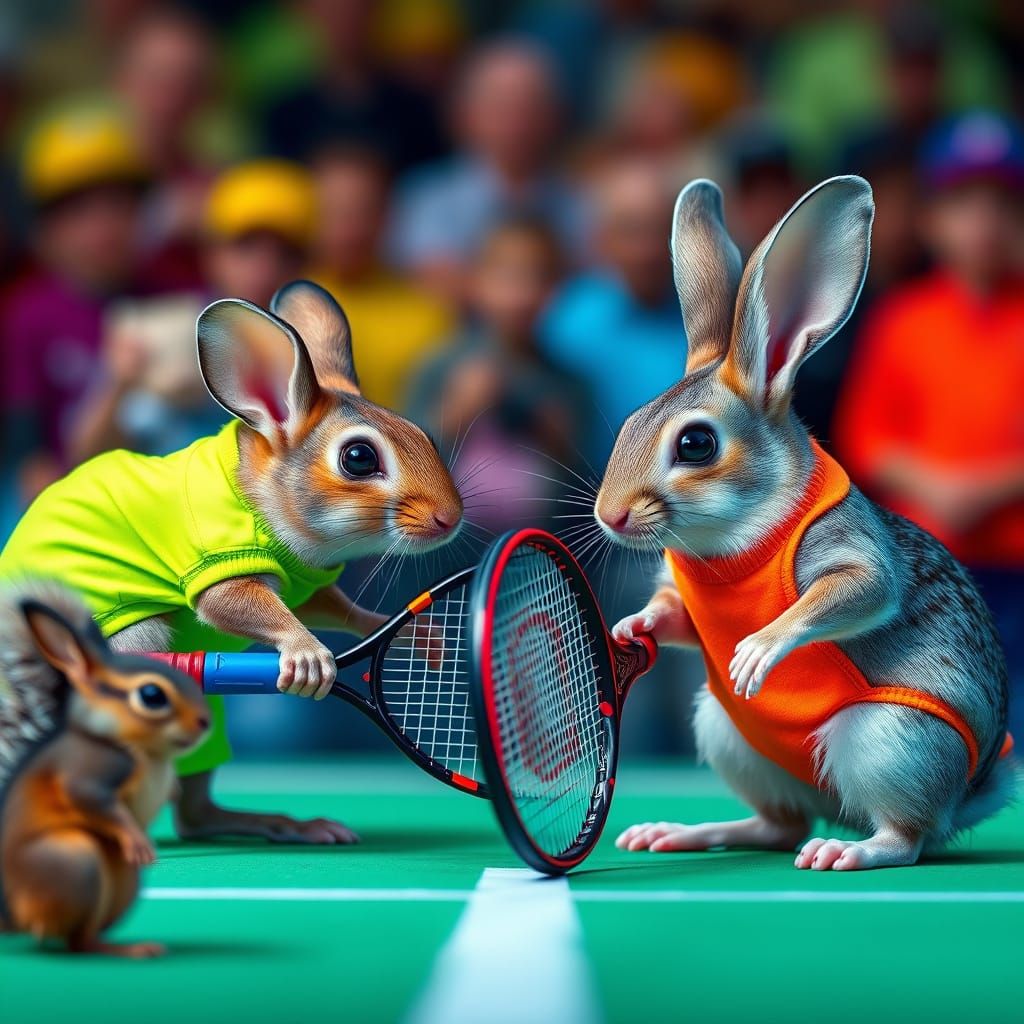 Epic Tennis Showdown in Neon: Mouse and Rabbit Face Off
