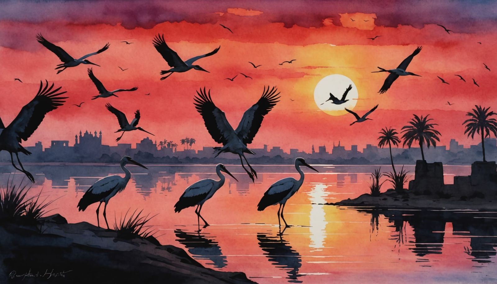 Storks in Silhouette at Sunset on the Nile