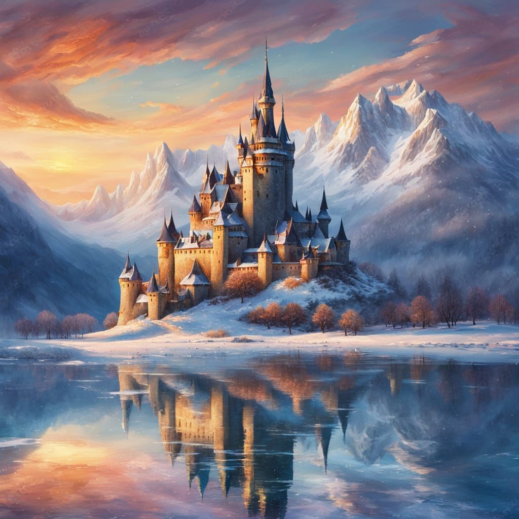 Winter Castle in Majestic Oil Painting Style