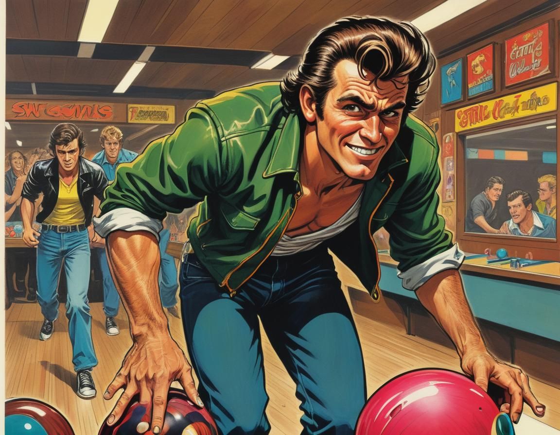 Retro Greaser Strikes a Pose in a Vibrant Bowling Alley Scen...