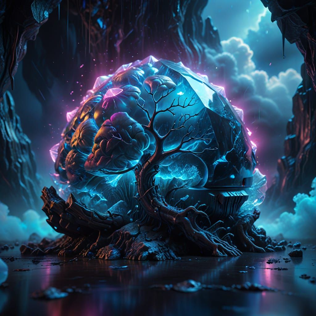 Glowing Brain in Glass Pyramid: Dark Fantasy Art