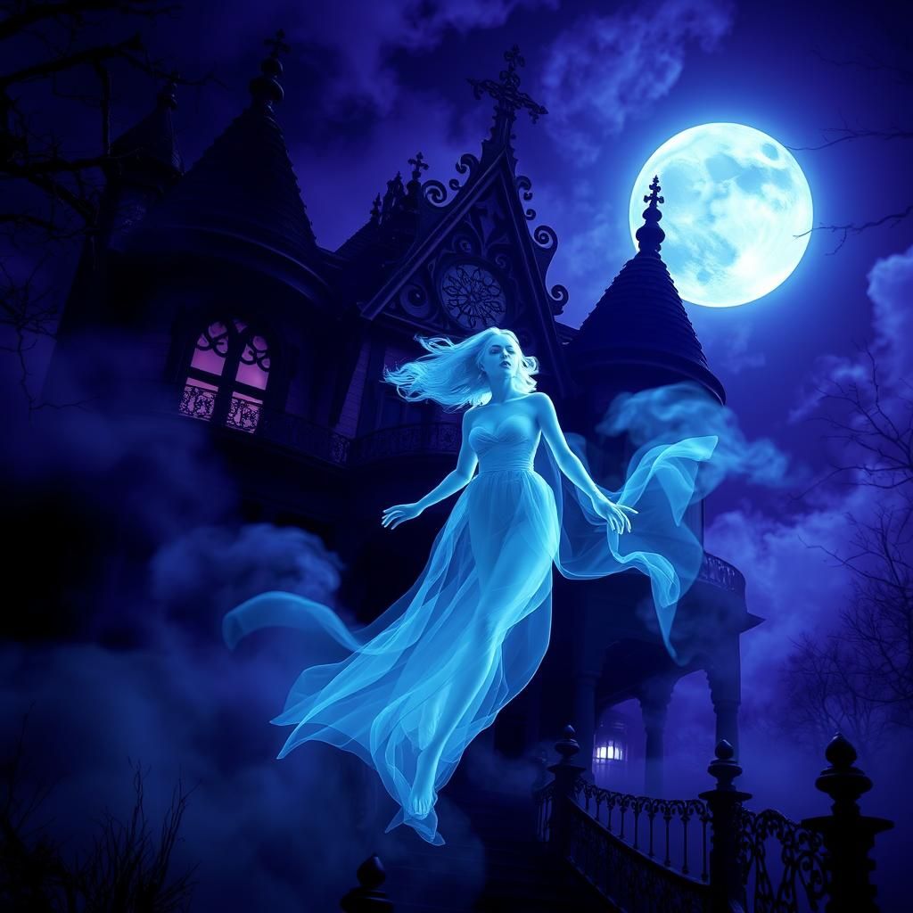 Ethereal Gothic Ghost Emerges from Haunted Mansion