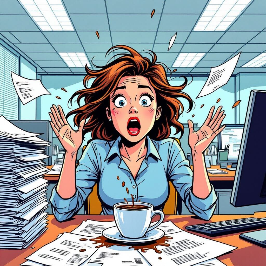 Coffee Spill Chaos in Comic Book Style