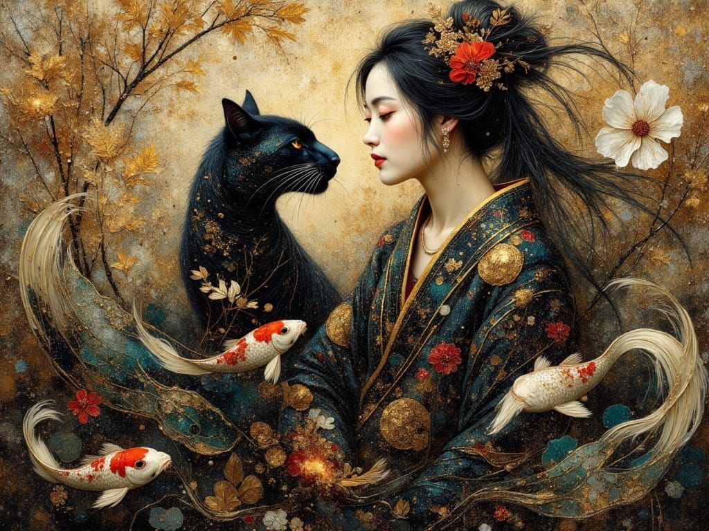 Japanese Prince and Jaguar in Impasto Encaustic Style