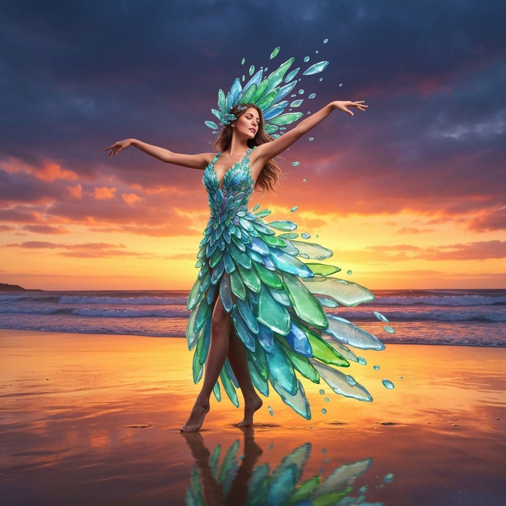 Woman in Sea Glass Dress Dancing on Golden Shoreline at Suns...