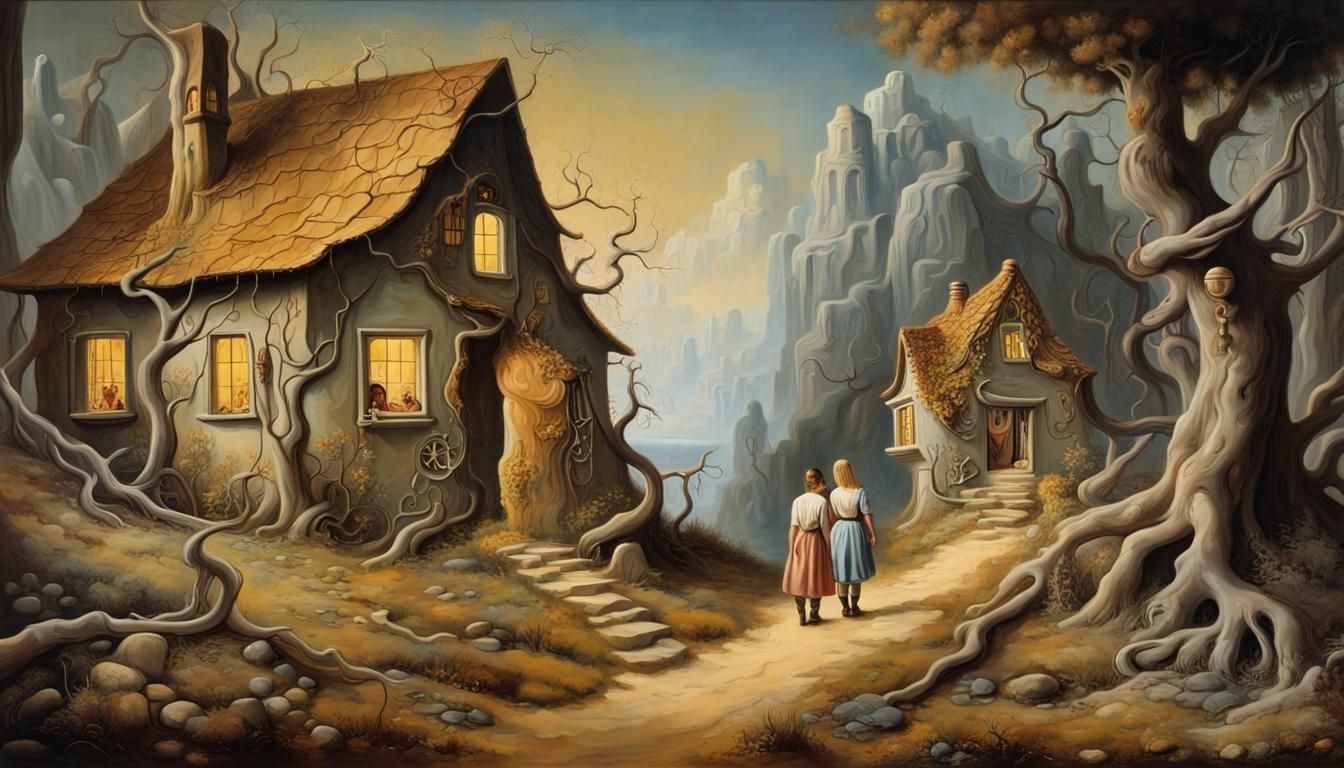 Hansel and Gretel in Surreal Landscape