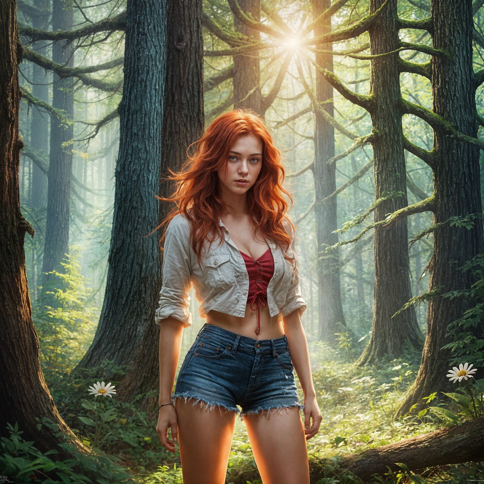 Red-Haired Girl in Forest: Detailed Matte Painting