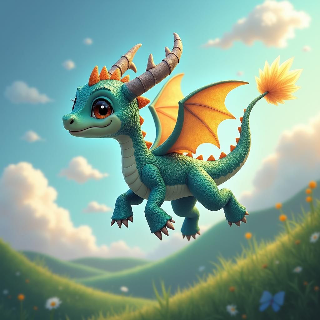 Sparky the Dragon Soaring Through Dreamlike Landscape