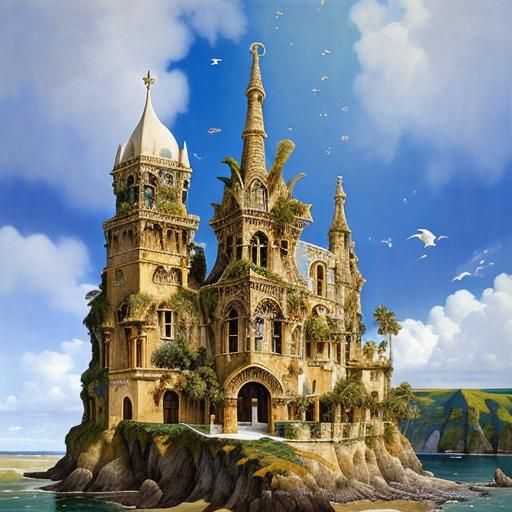 Idyllic Beach Scene in Surrealist Oil Painting Style