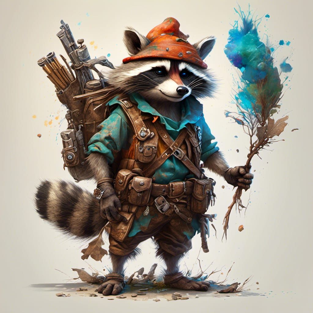 Raccoon-Gnome Prehistoric Hunter as Oil Painting