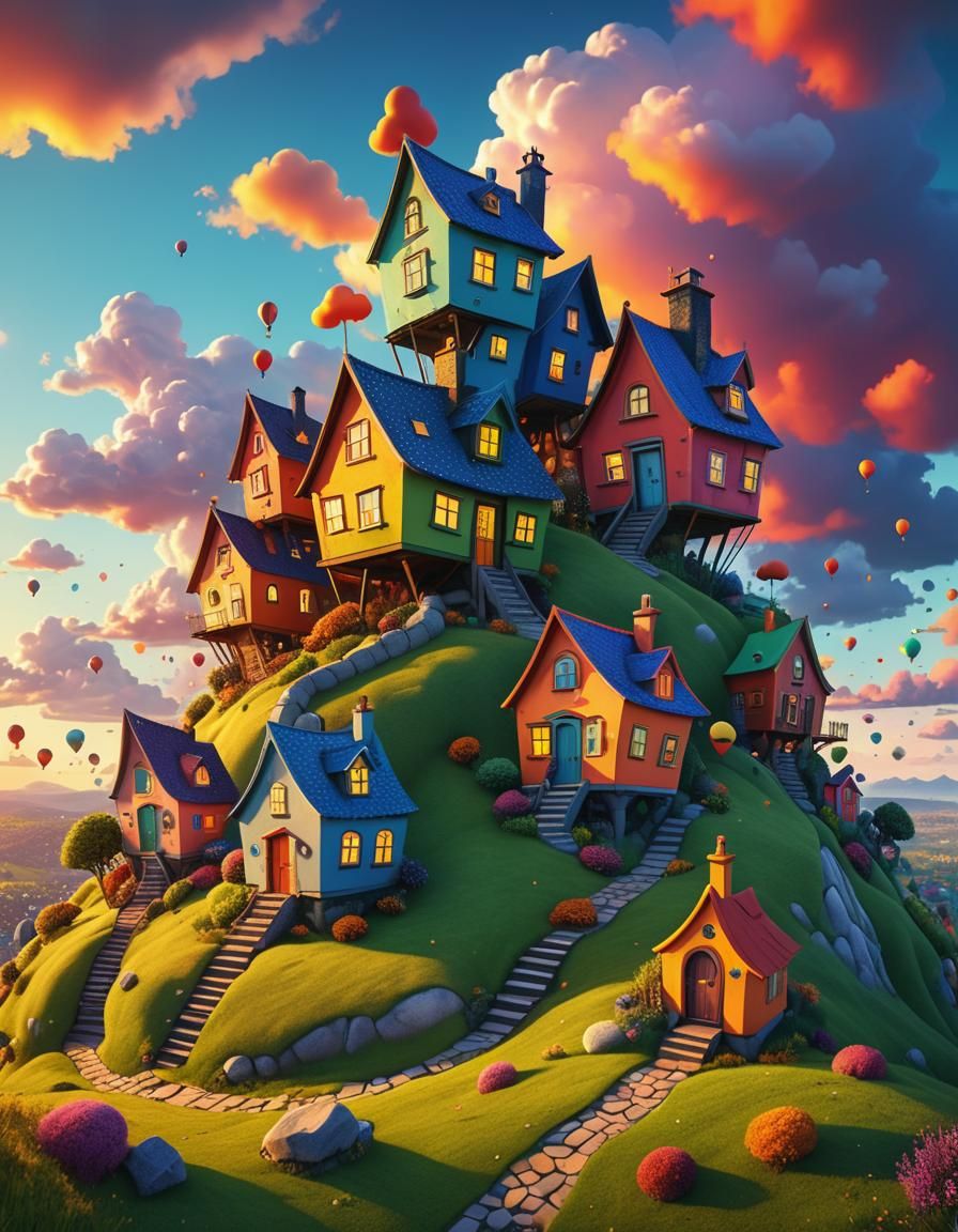 Whimsical Houses on Hill: Detailed Matte Painting