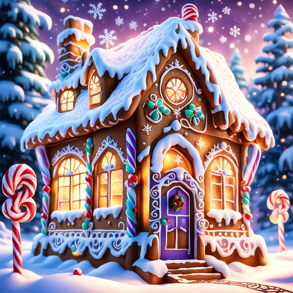 Gingerbread House in Snowy Wonderland, Digital Art