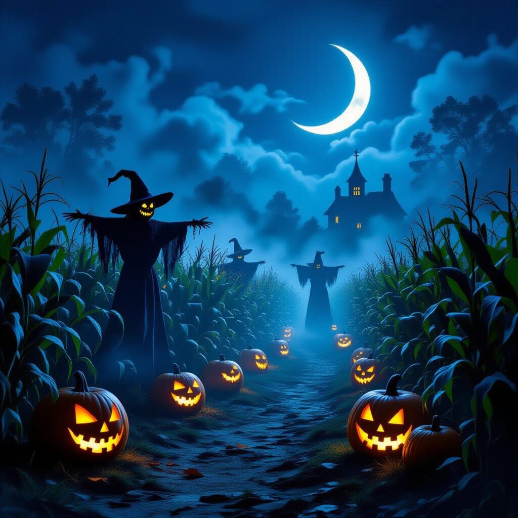 Spooky Halloween Harvest Scene with Haunted Corn Maze