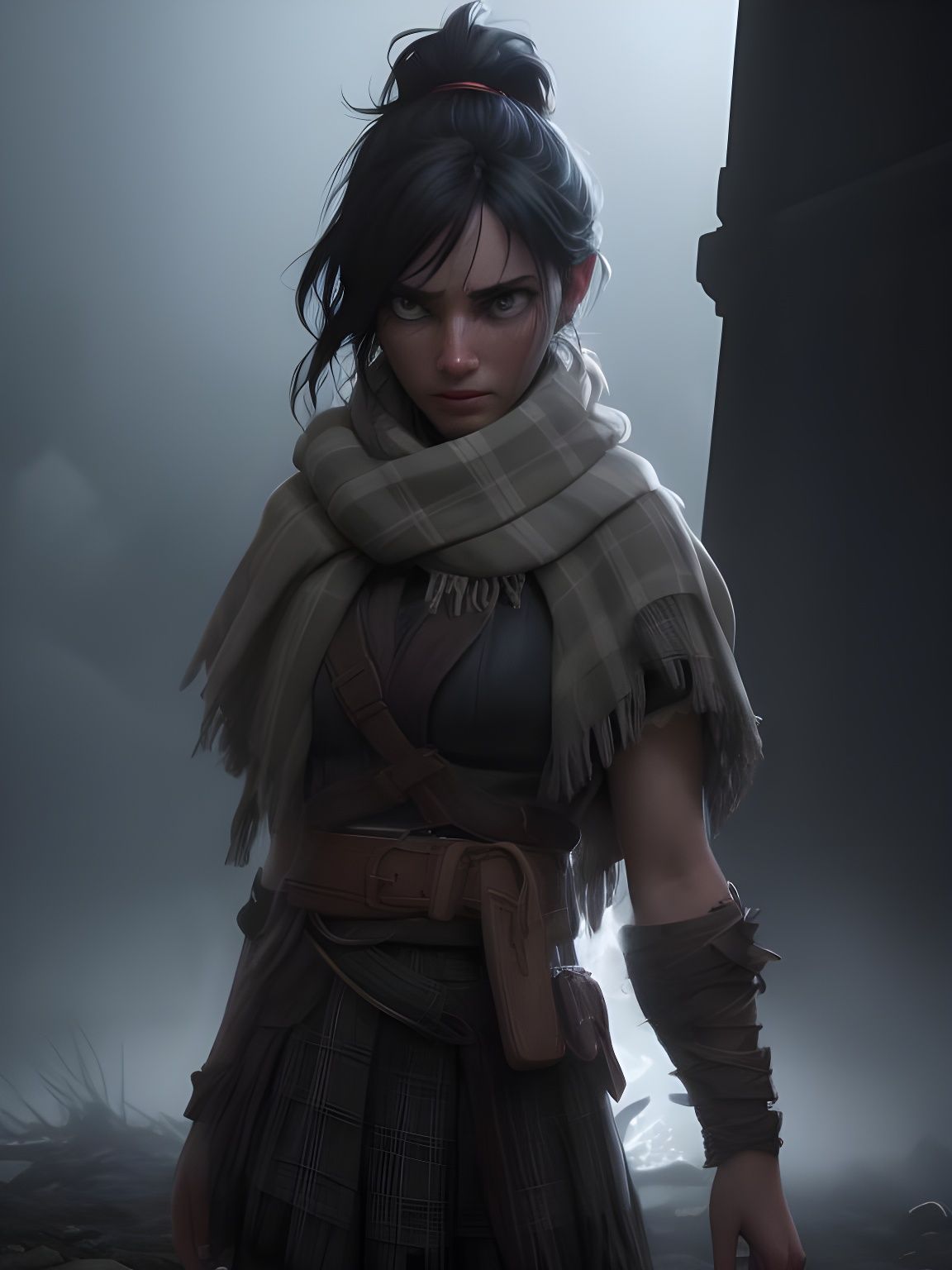 Mythical Woman with Tartan Scarf in Hyperdetailed Style