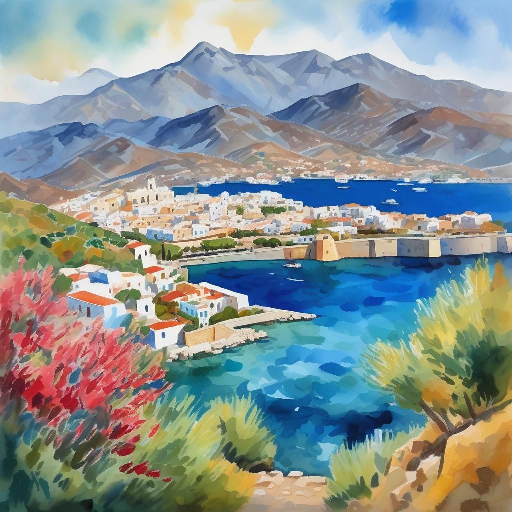 Greek Landscape in Gouache and Watercolor Style