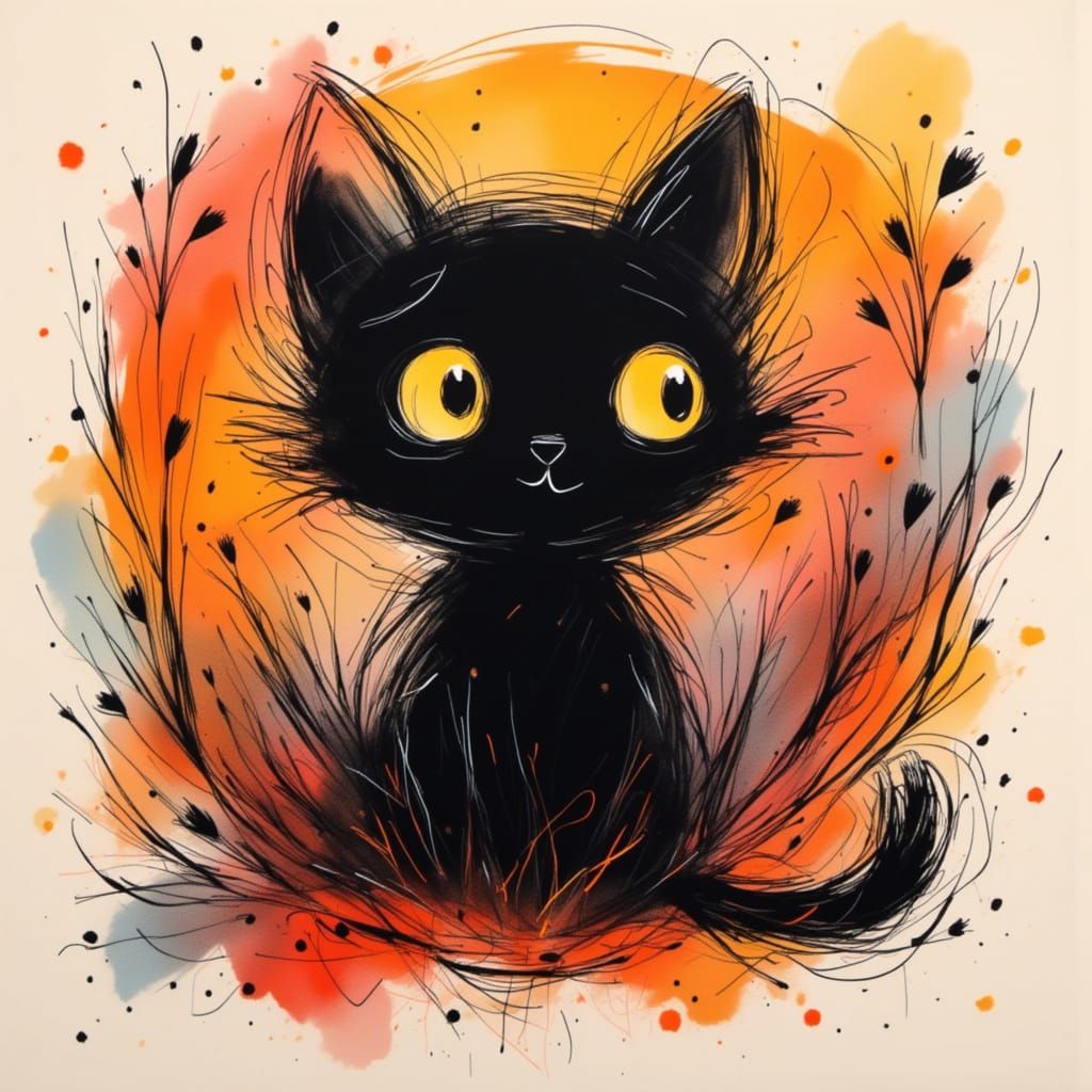 Halloween Cat with Googly Eyes and Chaotic Lines