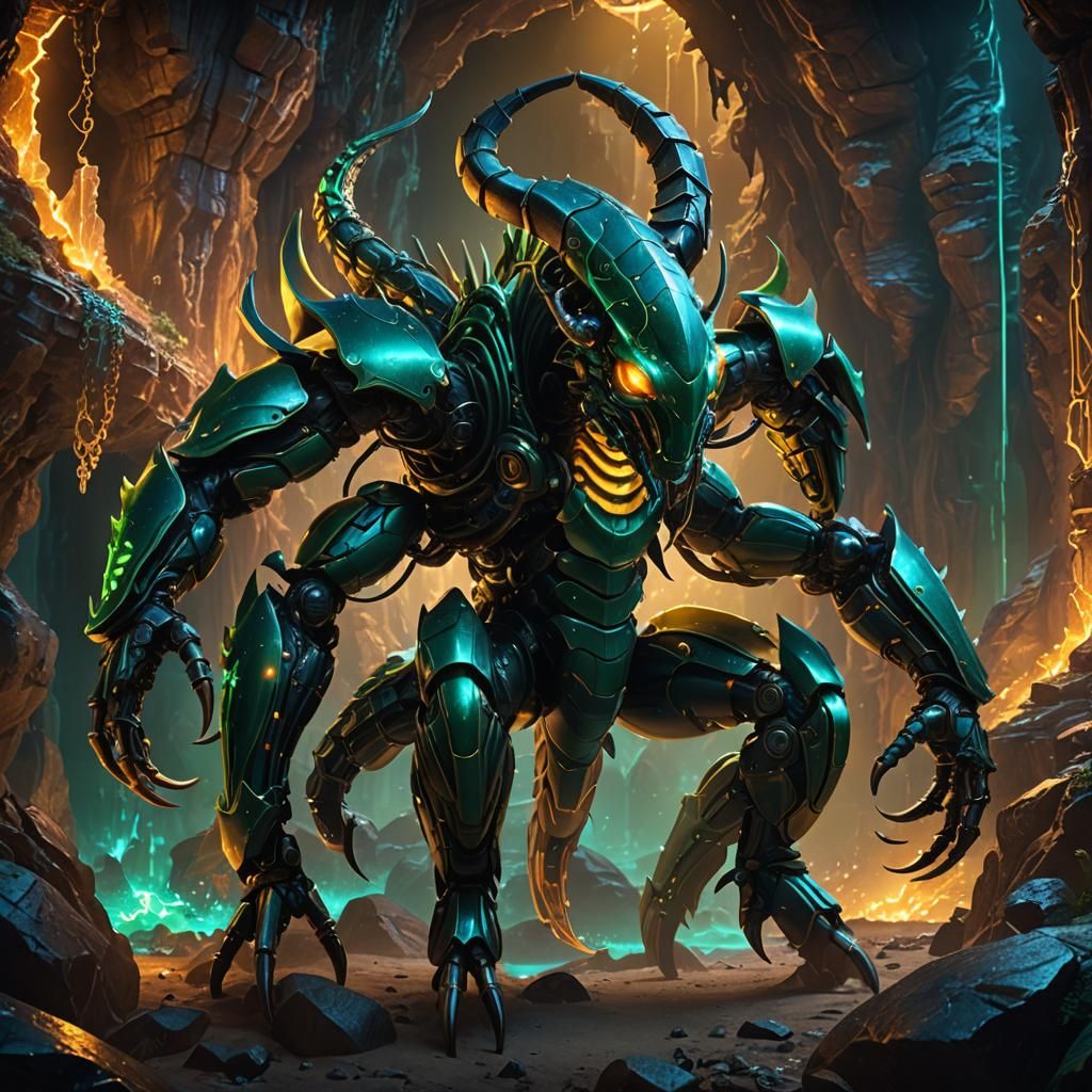 Muscular Biomechanical Scorpion in Mystical Cavern