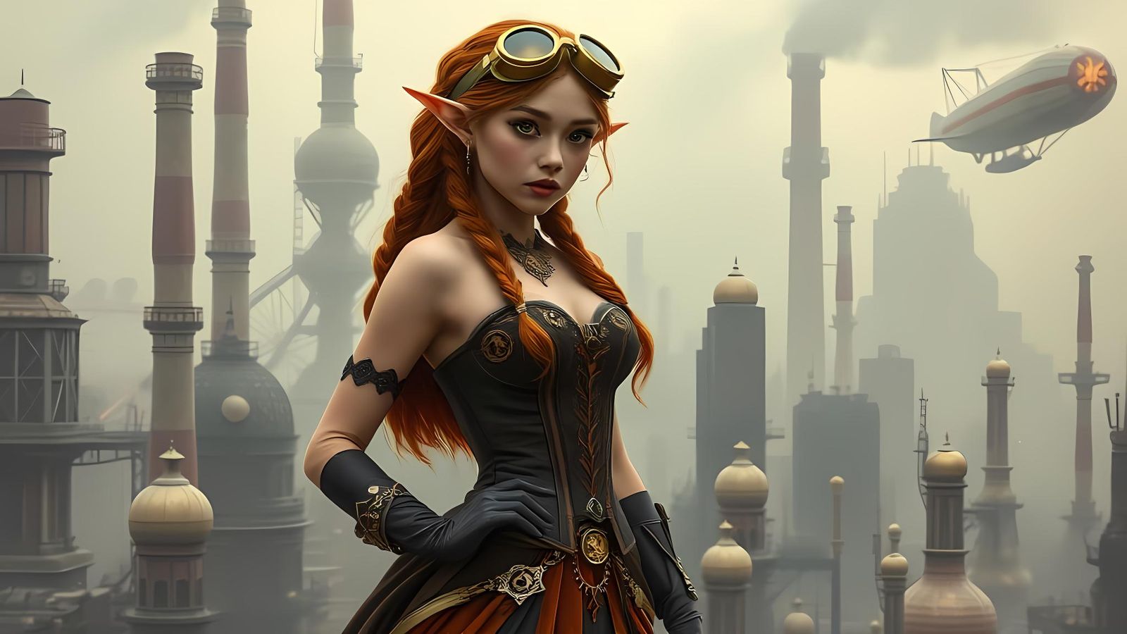 Steampunk Elven Woman with Brass Gears and Gauntlet