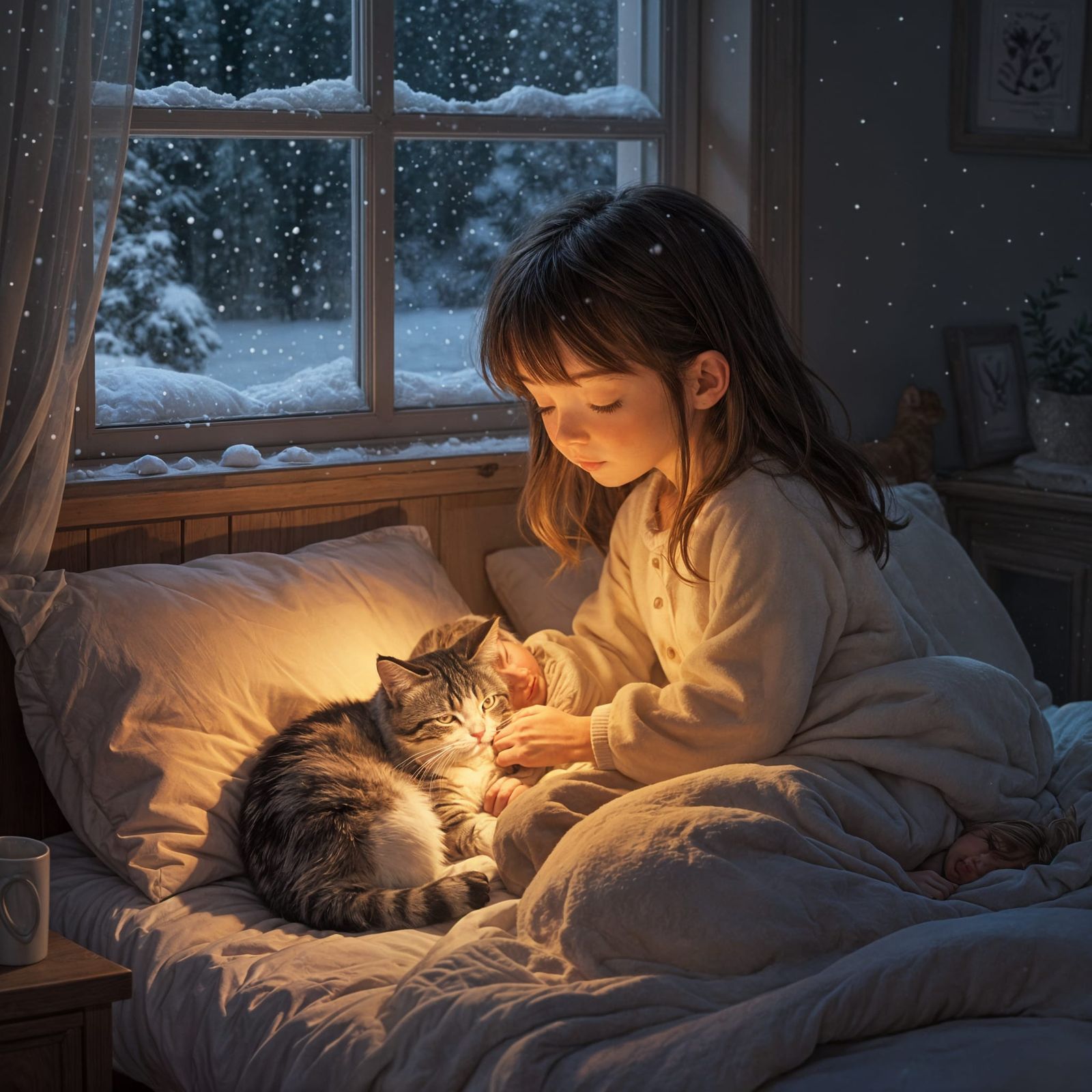 Cozy Lo-fi Illustration of Girl Petting Cat on Snowy Evening
