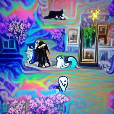 Grim Reaper's Tender Embrace of Iridescent Ghost Cat