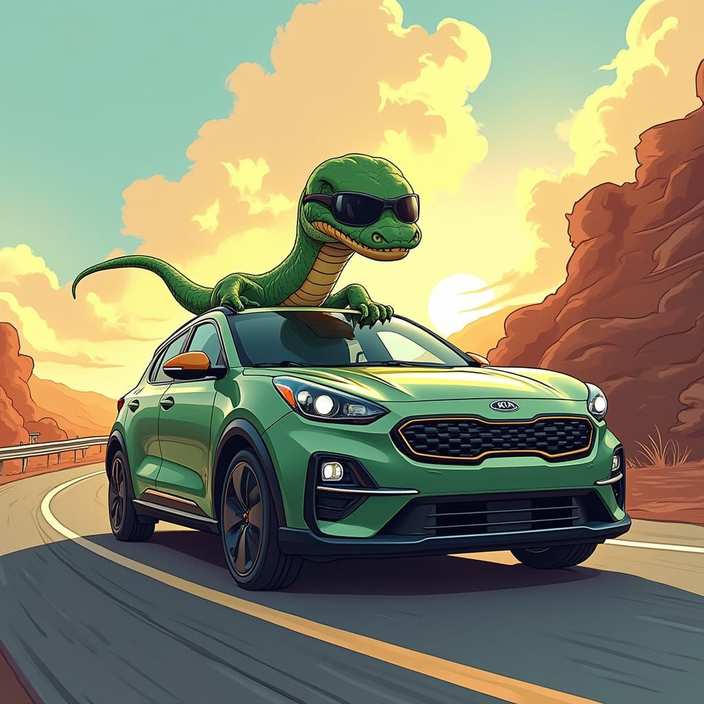 Viper Snake Drives a Kia Sportage: Stylized Illustration