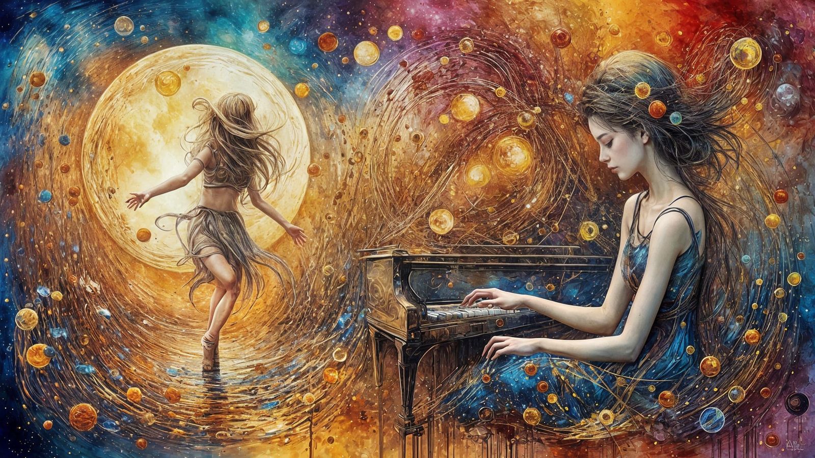 Surreal Woman Playing Piano in Digital Art Style