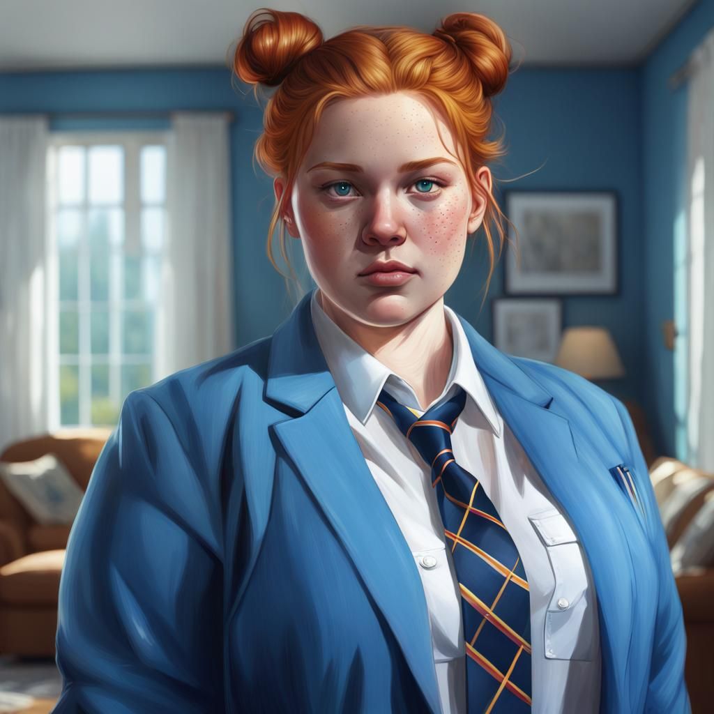 Chubby Ginger-Haired Woman in Blue Suit: Hyperrealistic Port...