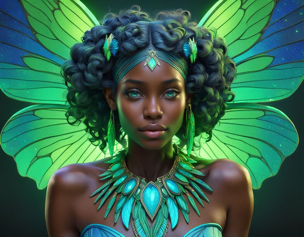 African Fairy Portrait with Neon Wings in Ethereal Style