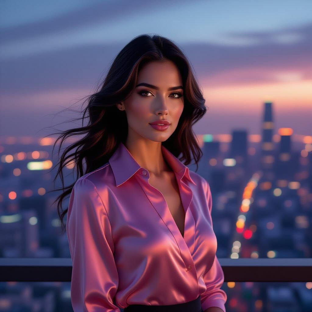 Woman on Balcony Overlooking Futuristic Cityscape at Twiligh...