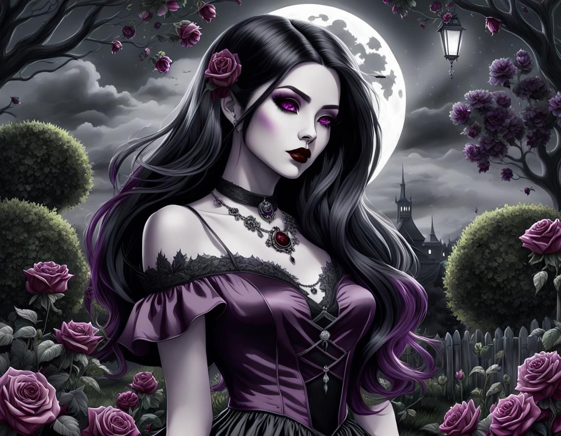 Anime Goth Vampire in Garden at Night