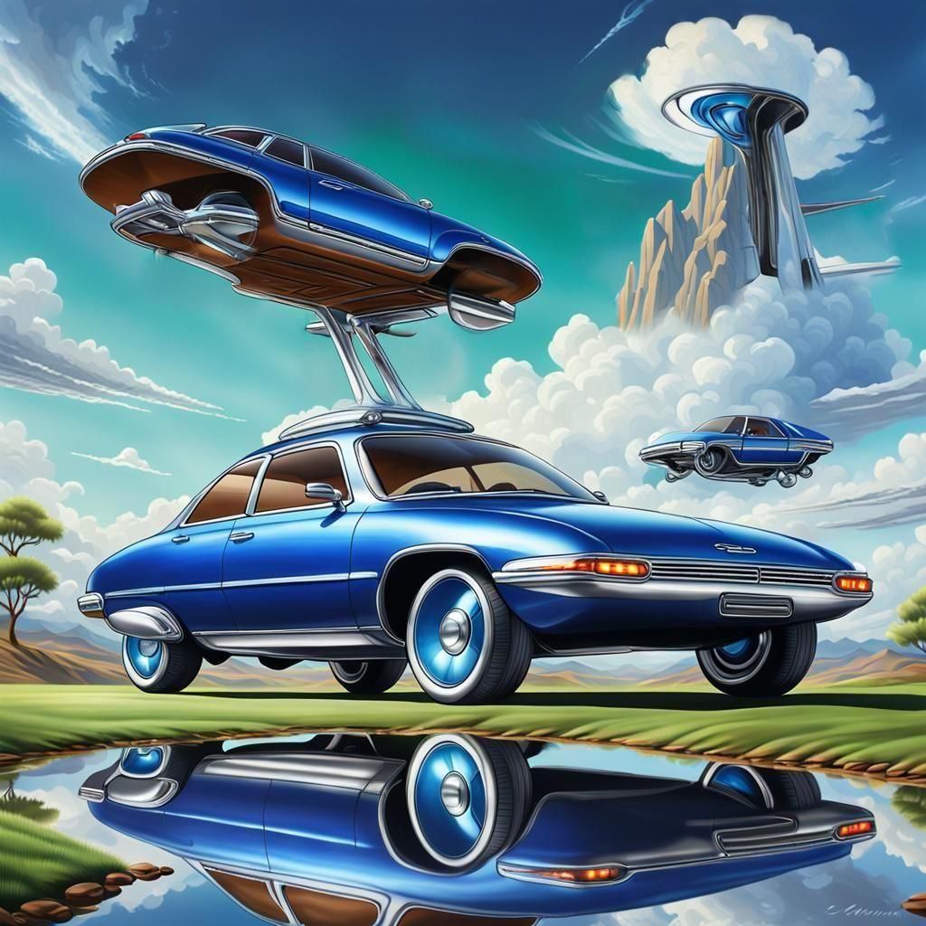 Futuristic Hover Car on Mountain Road, Airbrush Art