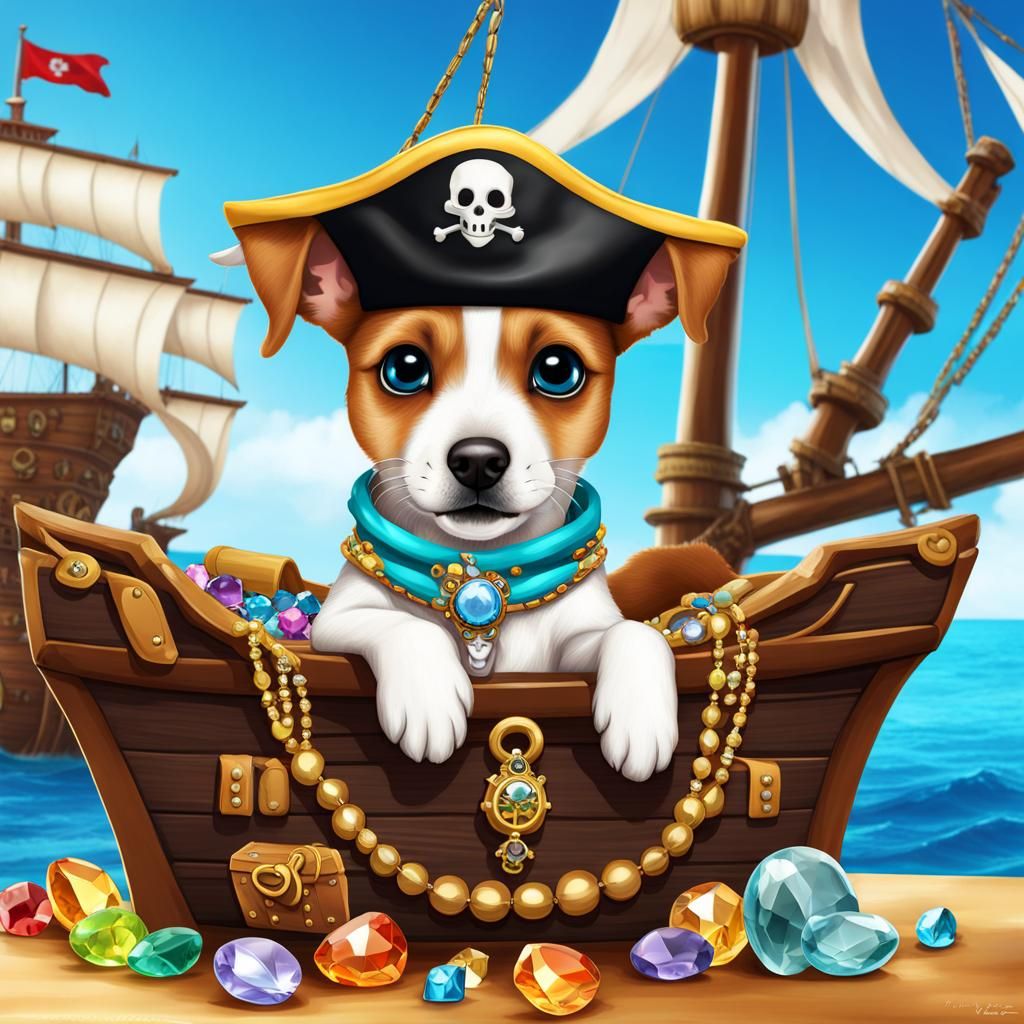 Chibi Jack Russell Pirate Guarding Sunken Treasure