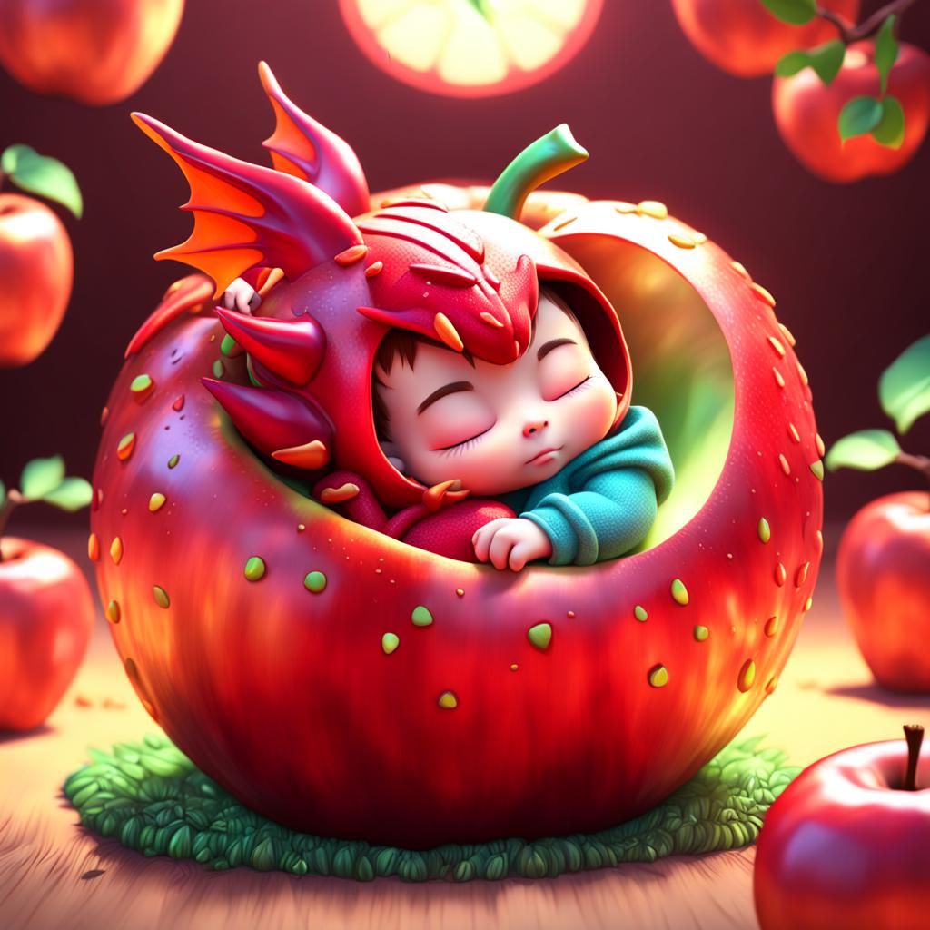 Baby Chibi Red Dragon Asleep in Apple: 3D Digital Art