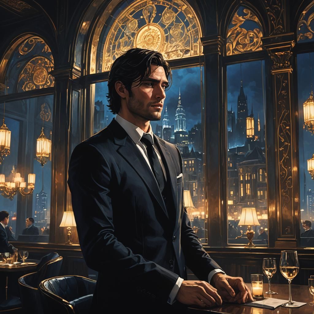 Dark Fantasy Man in Restaurant: Cinematic Concept Art