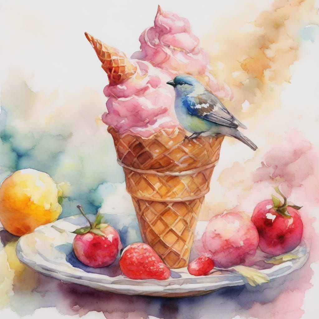 Ice Cream Still Life in Watercolor Style