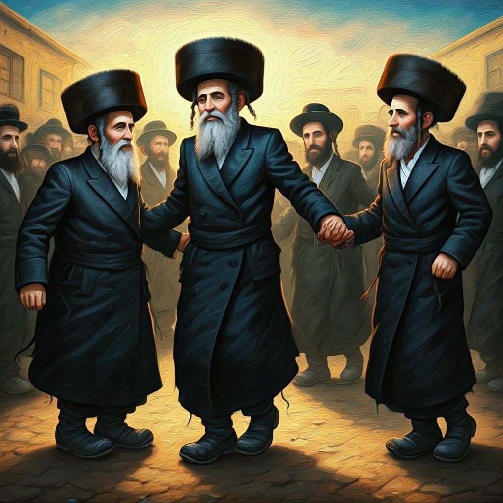 Joyful Hasidic Jews Dance Together in Vibrant Colors