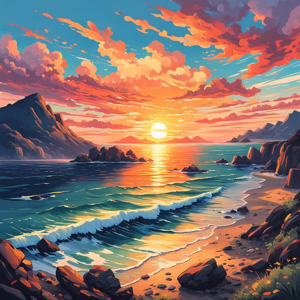 Anime Sunset Over Ocean: Realistic and Vibrant