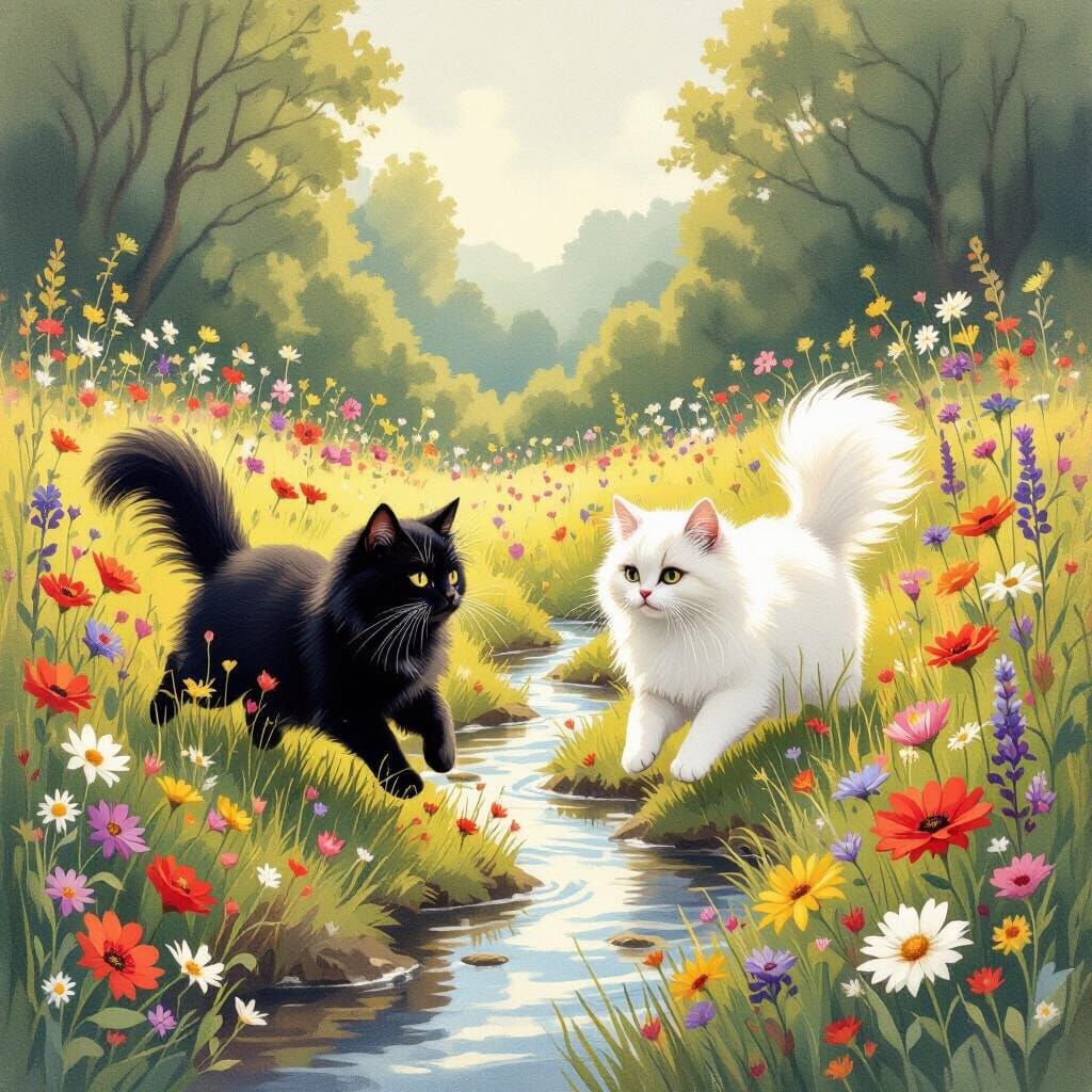 Black and White Cats Race Through Flower Field