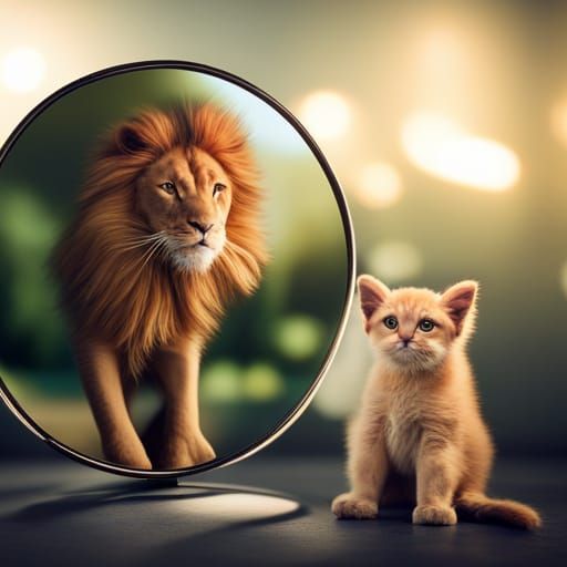 Kitten's Dream: Lion Reflection in Realistic 8k