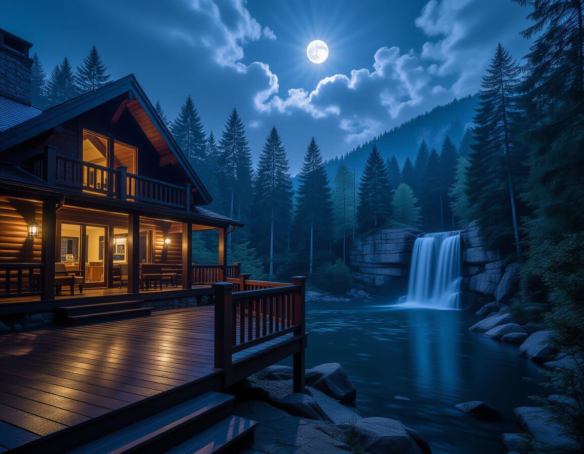 Wooden deck on a mountain house at night with moon