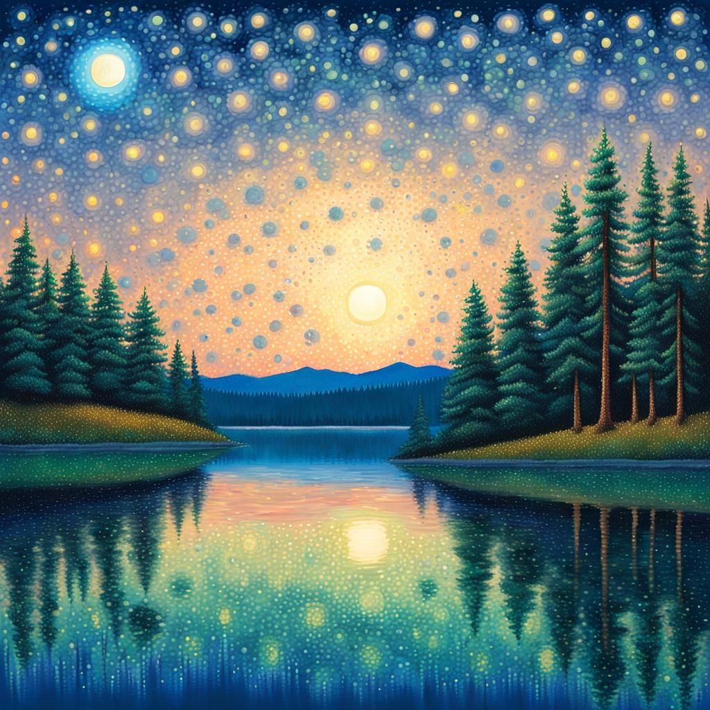 Dreamy Moonset Landscape in Pointillism Style