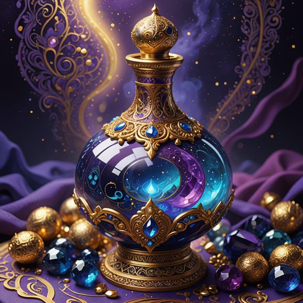 Mystical Genie Bottle with Swirling Mist and Gemstones