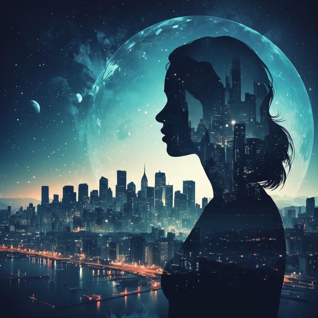 Double Exposure: Lonely Woman and Cityscape